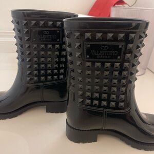 Valentino Garavani Black Studded Rain Boots Mid Calf